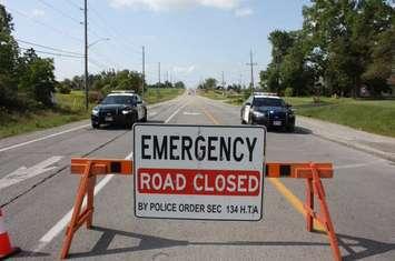 OPP vehicles guard a roadblock in Lakeshore following a train derailment, July 16, 2024. Photo provided by OPP West Region/X