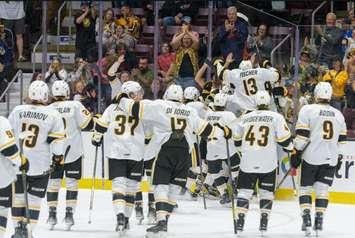 Sarnia Sting players celebrate after beating Windsor in overtime in their 2024-2025 season opener. Photo courtesy of Metcalfe Photography. 