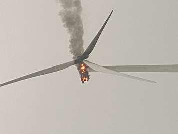 A wind turbine catches fire due to a lightning strike in Muirkirk. June 15, 2023. Photo supplied by Whitney Burke, Municipality of Chatham-Kent. 