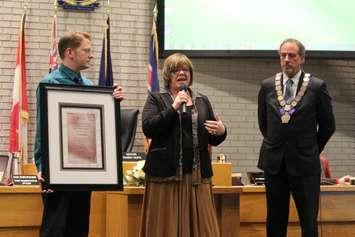 (L to R) CK  Age-Friendly Coordinator Devin Andrews, South Kent Councillor Karen Herman, and CK Mayor Randy Hope present plaque courtesy of the World Health Organization, March 21, 2016 (Photo by Jake KIslinsky)