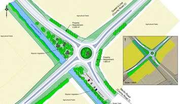 Roundabout concept illustration for Queen's Line and Merlin Road (Via Municipality of Chatham-Kent)