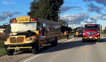 Photo of a school bus and pickup truck that collided on Crediton Road on Wednesday, October 2, 2024. Photo provided by the OPP.