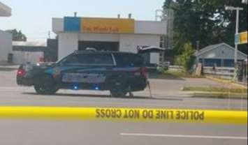 Chatham-Kent police block off a section of McNaughton Ave. after a "serious collision" involving a pedestrian and a vehicle. May 28, 2018. (Photo courtesy of Ange Fry via Facebook)