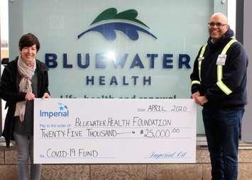 Imperial Sarnia presenting Bluewater Health Foundation with a cheque for $25,000 for the hospital's COVID-19 fund. April 2020. (Photo by BWHF)