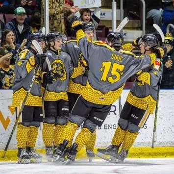 The Sarnia Sting wear the winning jersey from the 2023 RCSS design contest - Feb 2024 (Photo courtesy of Metcalfe Photography)