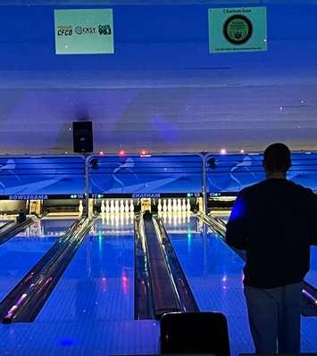 Community member Noah approaches to bowl during the inaugural Bowling Thunder Bowling Thunder fundraiser for Chatham-Kent Victim Services. February 2023. (Photo courtesy of Jason Brown)