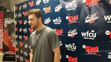 Windsor Spitfires defenceman Sean Day speaks to reporters at the WFCU Centre, October 3, 2017. Photo by Mark Brown/Blackburn News.
