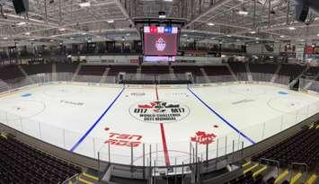 The ice at Progressive Auto Sales Arena for the World Under 17 Hockey Challenge (Photo courtesy of Ontario's Blue Coast via Facebook)