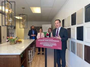 Steven MacKinnon, Leader of the Government in the House of Commons announces funding for Futurpreneur Canada at Timber + Plumb Kitchens and Cabinetry in Olde Riverside, April 22, 2024. (Photo by Maureen Revait)
