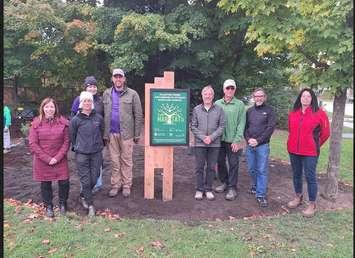 Left to right: BVCS Principal Julie Phillips, BVCS Teacher Audrey Macdonald, Garden Holistics Landscapers/BVCS Parents Shannon and Gabe Matamoros, Volunteer Arnis Pukitis, Tree Canada Representative Ed Borczon, Haltoncreative Graphic Designer Trevor Halton, Home Hardware Manager/BVCS Parent Lisa Cronin.   Photo from BWDSB