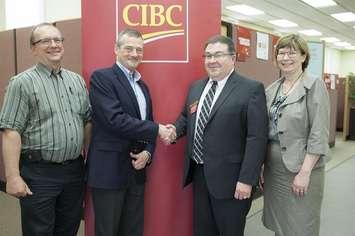 From left to right: Jerome Quenneville, Vice President and Chief Financial Officer, Rob Devitt, Hospital Supervisor, Don Fuoco, Manager, Canadian Imperial Bank of Commerce (CIBC) and Lori Marshall, President and CEO pictured at CIBC, 99 King St. W., Chatham, Ontario on May 17, 2017. (Photo courtesy of the Chatham-Kent Health Alliance)