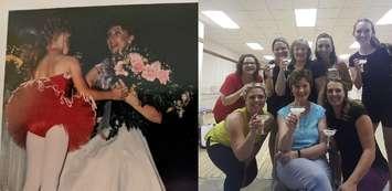 LEFT: Diane Edmunds receives flowers from her daughter approx. 35 years ago. RIGHT: Dianne Edmunds (centre) celebrates her final tap dance class in 2018. (Submitted photos)