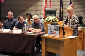 (L to R) CK Constable Brent Milne, Mobile Crisis Nurse Dan Saunders, Former police officer Bill McGuire and East Side Pride Coordinator Marjorie Crew at the Chatham-Kent Community Safety and Well-being Forum, April 11, 2016 (Photo by Jake Kislinsky)