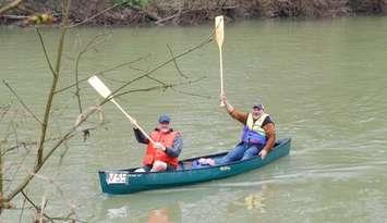 SCRCA Chair Pat Brown and Director Emery Huska cross the finish line at the 2024 Sydenham River Canoe and Kayak Race. (Photo courtesy of the St. Clair Region Conservation Authority)