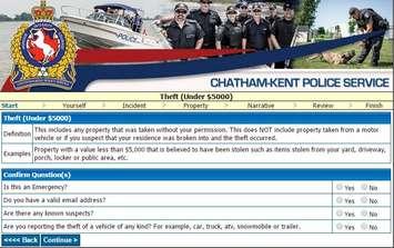 A screenshot of the CKPS' new online reporting system, September 14, 2016 (Photo courtesy of the Chatham-Kent Police Service)