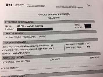 Photo of the Parole Board of Canada decision to extend day parole for Jason Cofell. (Photo by Matt Weverink)