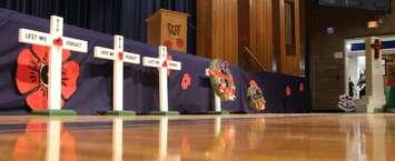 Crosses set up at the CKSS Remembrance Day ceremony honouring the soldiers who sacrificed their lives fighting for Canada. November 9, 2018. (Photo by Greg Higgins)