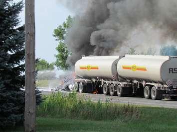 Firefighters work to contain a fuel tanker fire following a collision in the area of Grande River Line and Jacob Road, July 7, 2020. (Photo courtesy of Mary Johnston)