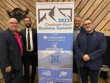 From left to right: Douglas Robbins, Eric Labadie, Matthew Reaume, and Anthony Wilson announcing the 2023 Chatham-Kent Business Summit at Sons of Kent Brewery in Chatham, Ont. on March 22, 2023. (Photo by Millar Hill) 