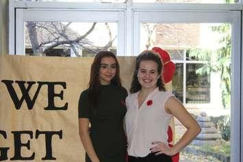 Master of Ceremonies at CKSS Remembrance Day ceremony: Sara Tetrault and Stephanie Figueiredo. November 10, 2017. (Photo by Sarah Cowan Blackburn News Chatham-Kent). 