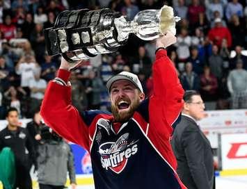Former Windsor Spitfires forward Aaron Luchuk with the 2017 Memorial Cup. Photo courtesy Aaron Bell/OHL Images.