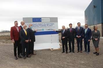 Canadian government officials with officials from Stellantis and LG Energy at the site of the new electric-vehicle battery manufacturing plant in Windsor, March 23, 2022. 
