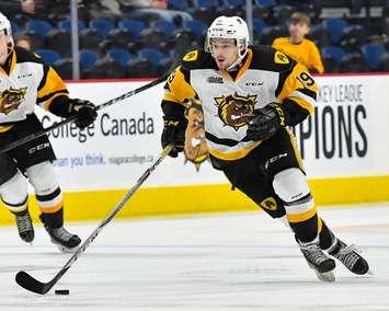Ben Garagan with the Hamilton Bulldogs, acquired by the Windsor Spitfires on January 10, 2019. Photo courtesy of Brandon Taylor/OHL Images.
