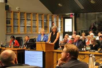 Violet Towell and Denise Shephard with the Wallaceburg Area Wind Concerns group speak at Chatham-Kent council. May 29, 2018. (Photo by Sarah Cowan Blackburn News Chatham-Kent). 
