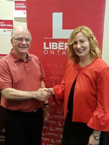 Ontario Liberal candidate for Chatham-Kent-Leamington Margaret Schleier Stahl (right) with former MPP Pat Hoy, May 2, 2018. (Photo courtesy of the Ontario Liberal Party)