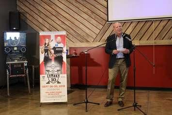 Hall of Fame curler Kevin Martin addresses a crowd at Sons of Kent Brewing Co. in Chatham. May 10, 2018. (Photo by Matt Weverink)