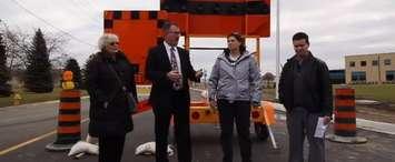 From left: Ward 6 Councillor Karen Kirkwood-Whyte, Chatham-Kent Mayor Darrin Canniff, and Ward 6 Councillor Amy Finn are joined by Chatham-Kent's director of engineering and transportation Chris Thibert as they provide an update on construction work on Bloomfield Road in Chatham. December 2018. (Photo courtesy of the Municipality of Chatham-Kent via Twitter)