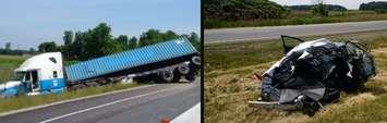 Two transport truck drivers are charged after two separate crashes on the WB Hwy. 401 near Ridgetown. June 12, 2018. (Photos courtesy of Chatham-Kent OPP)