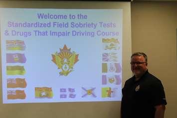 Constable Chris Baillargeon teaching the standardized field sobriety test course for new officers at Chatham-Kent Police Service. November 29, 2017. Photo by Sarah Cowan Blackburn News Chatham-Kent). 