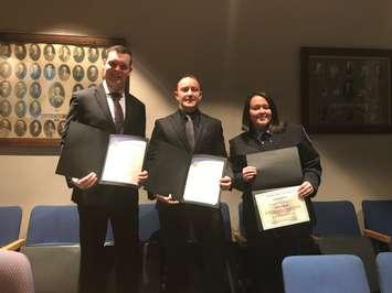 Constables Mark Charron and Jason Hamm, Detective Jeff Teetzel, resident Joseph Neufeld, and firefighter Jozlyn Lantin have received police chief's commendations for their brave actions. January 21, 2020. (Photo by Paul Pedro)