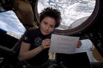 Italian astronaut Samantha Cristoforetty marks Earth Hour while aboard the International Space Station on March 28, 2015. (Photo by Earth Hour courtesy www.earthhour.org)
