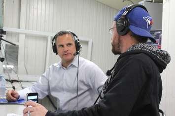 University of Michigan Assistant Coach and former Chatham Maroon Brian Wiseman speaks with Country 92.9's Mike Regnier, September 18, 2016 (Photo by Jake Kislinsky)