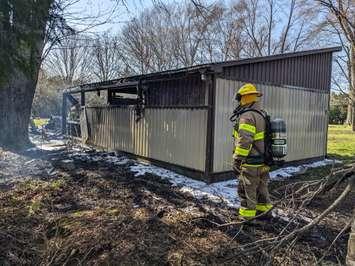 Firefighters respond to a garage fire in Bothwell on Friday, April 29, 2022. (Chatham-Kent Fire Service) 
