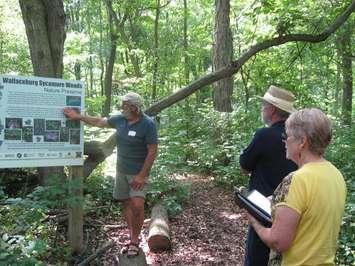 Sydenham Field Naturalist Larry Cornelis tells Community in Bloom judges about Wallaceburg's Sycamore Woods during a visit in July. (Photo courtesy of Sydenham Field Naturalists) 