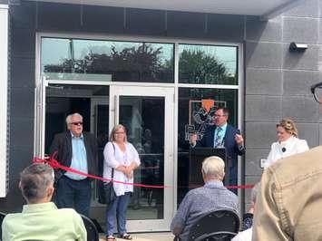 From left: Friends of the New Animal Shelter co-chairs Art Stirling and Marjorie Crew celebrate the official ribbon cutting ceremony at the facility on Park Avenue in Chatham along with Mayor Darrin Canniff and animal shelter project co-ordinator Lynn McGeachy. May 23, 2019. (Photo courtesy of Sophie Marvell and Kiana Mailloux)