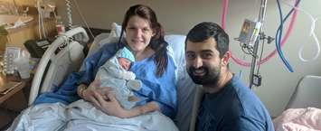Proud parents Kayla Penny and Soteris Stylianou pose with their newborn baby Samuel Stylianou-Penny, the first baby delivered in CK in 2019. January 2, 2019. (Photo by Greg Higgins)