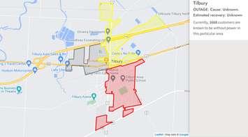 Power outage in Tilbury. Thursday, May 19, 2022. (Photo courtesy of the Entegrus Outage Map)