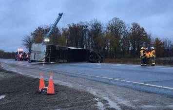 An overturned tractor trailer blocked the eastbound lanes of the 401 near Graham Road on Friday, Nov. 2. Photo from Twitter @OPP_COMM_WR