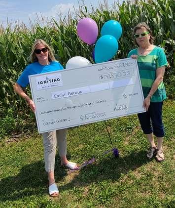 Chatham-Kent Health Alliance Foundation presents Emily Geroux of Highgate, Ontario,
winner of this year’s Igniting Healthcare 50/50 FUNdraiser, with a cheque for $172,870 on August 27, 2020. (Submitted photo)