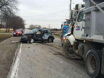 Three vehicles involved in a fatal crash on County Rd. 46 at County Rd. 23 in Lakeshore on December 18, 2014. (Photo by Ricardo Veneza)