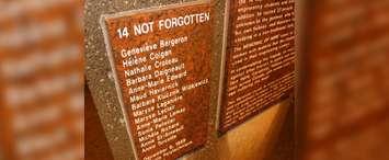 The names of the 14 women killed in the December 6, 1989 massacre at Montreal's Ecole Polytechnique engraved on a memorail at the University of Windsor. (Photo by Ricardo Veneza)