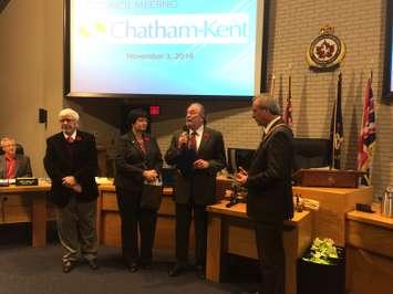 Dr. John R. Button is recognized by Chatham-Kent Council for being named president of Kiwanis International on the regular council meeting on November 3, 2014. (Photo by Ricardo Veneza)