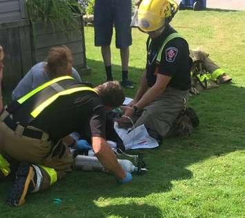 Dog being given oxygen by CKFES after a blaze on Dunkirk Dr. in Chatham on Thursday, August 8. (Photo courtesy of @ckfiredept via. Twitter)