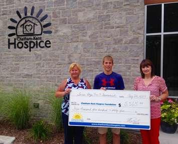 Chatham-Kent Hospice cheque presentation with Connie Santavy, Rhys Dulisch and Jodi. Aug 23, 2017. (Photo provided by Chatham-Kent Hospice) 
