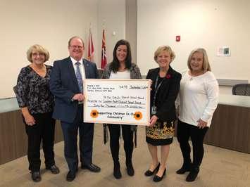 Wilma Hunnick, John Howitt, Nicole Paquette, Deb Crawford and Lynn Paquette during Noelle’s gift donation in Wallaceburg on October 29, 2019 (Photo by Allanah Wills)
