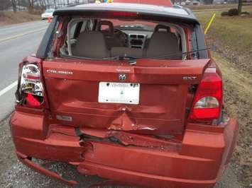 A Dodge Caliber damaged in a crash in Elgin County. Photo provided by Elgin OPP.